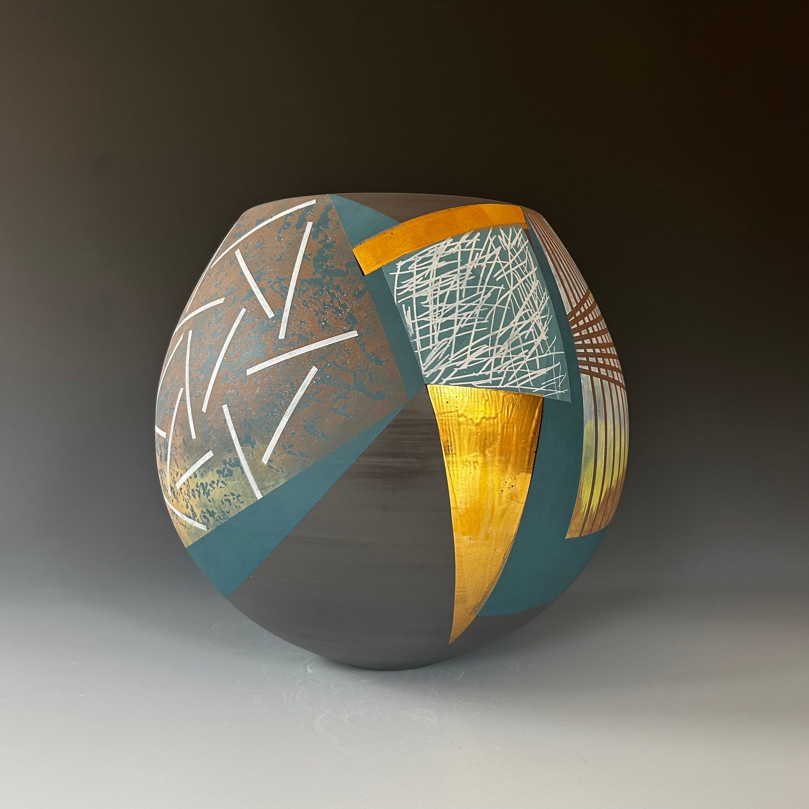 Large Black Pot with Teal and Gold