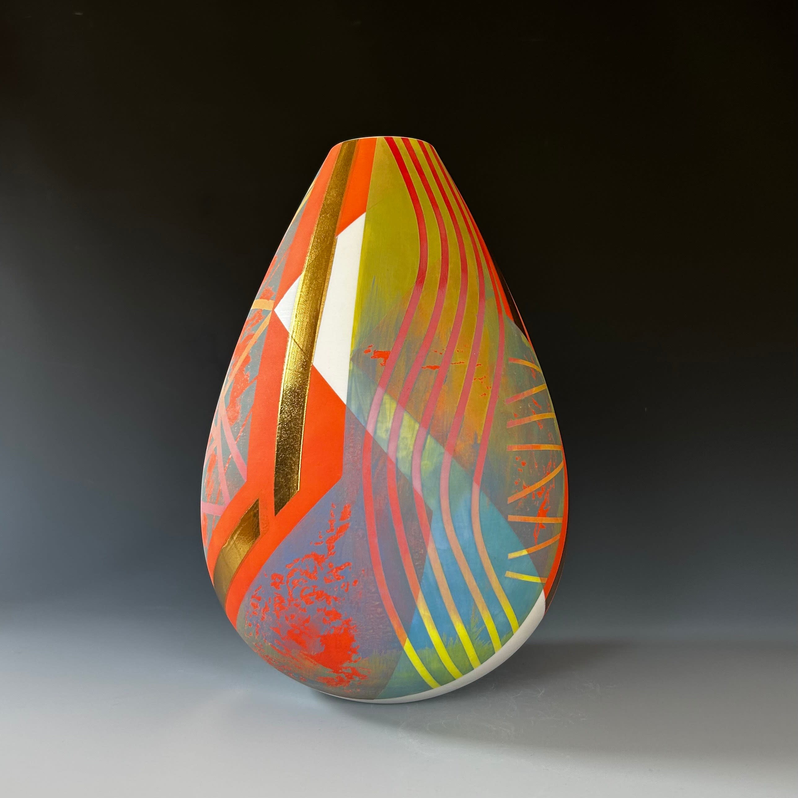 Large Narrow Neck Pot with Red, Green and Gold