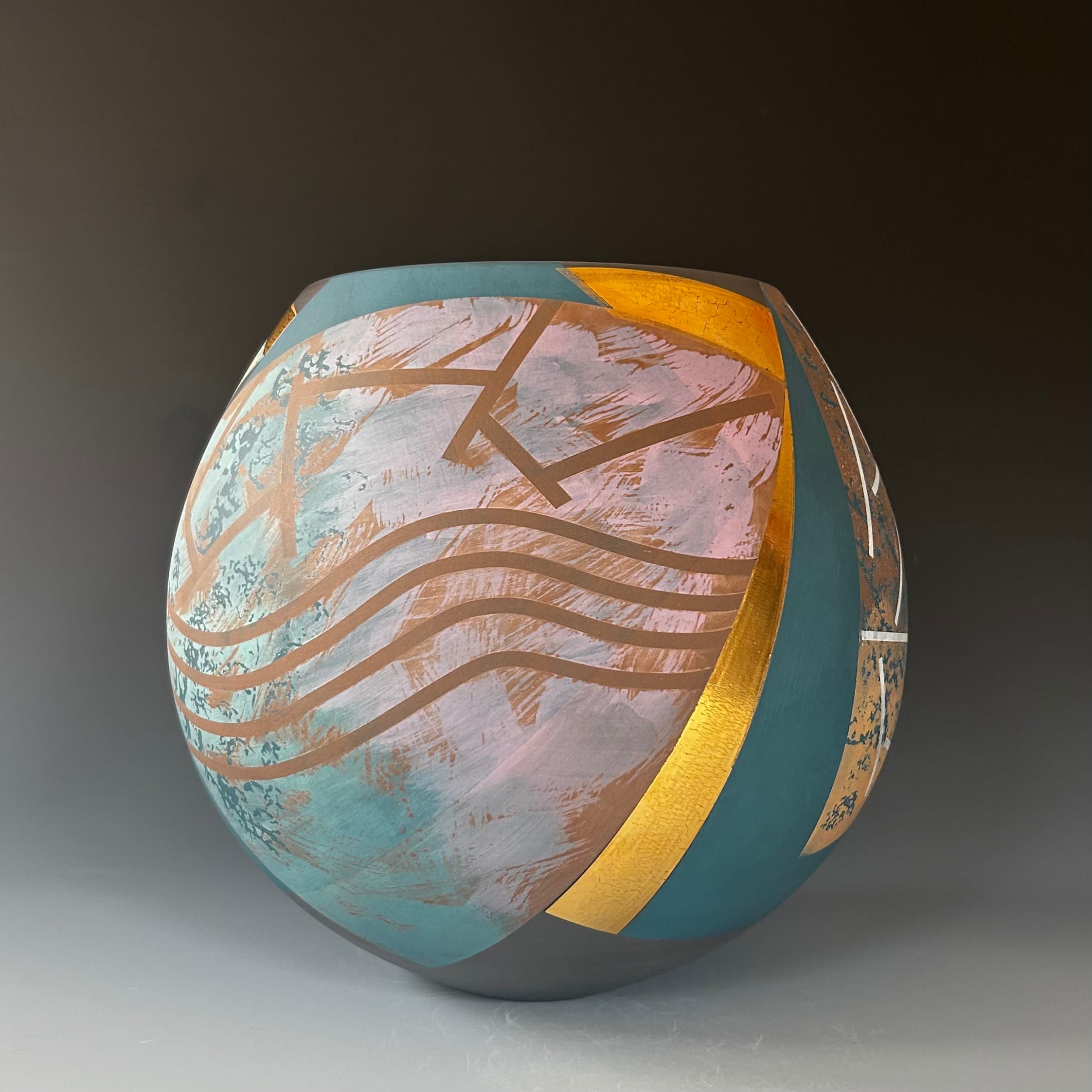 Large Black Pot with Teal and Gold