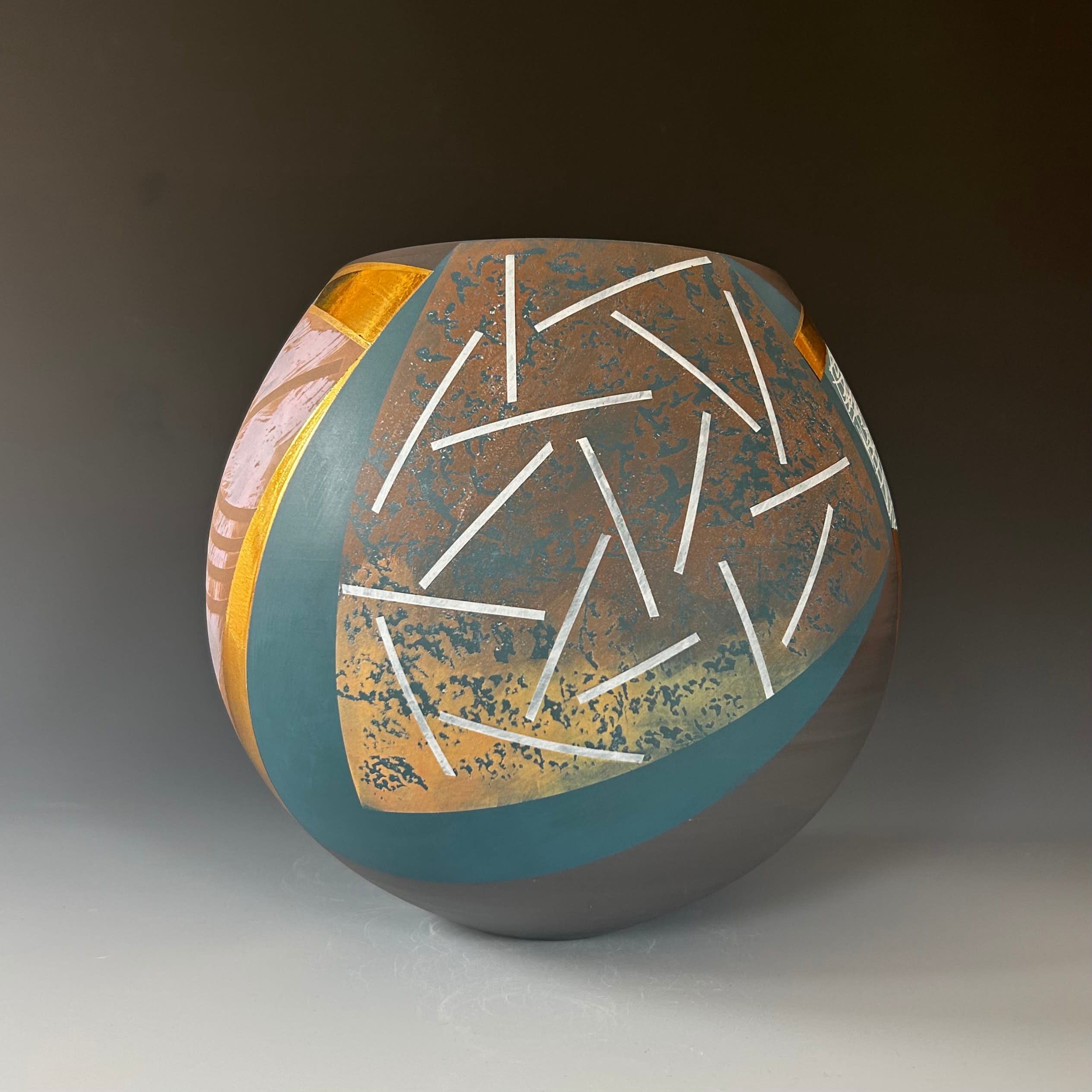 Large Black Pot with Teal and Gold