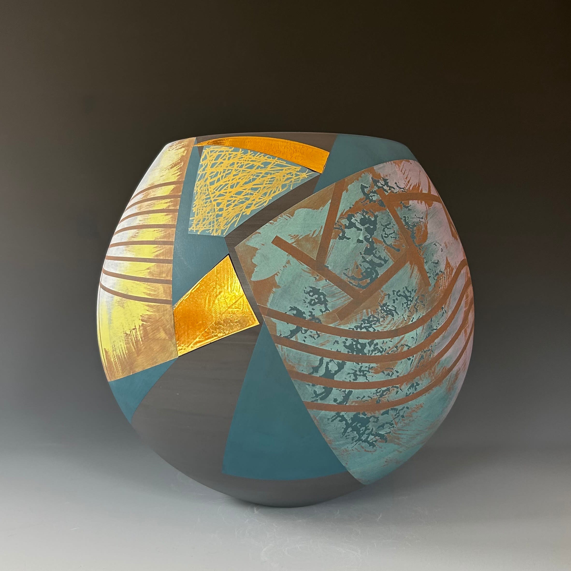 Large Black Pot with Teal and Gold