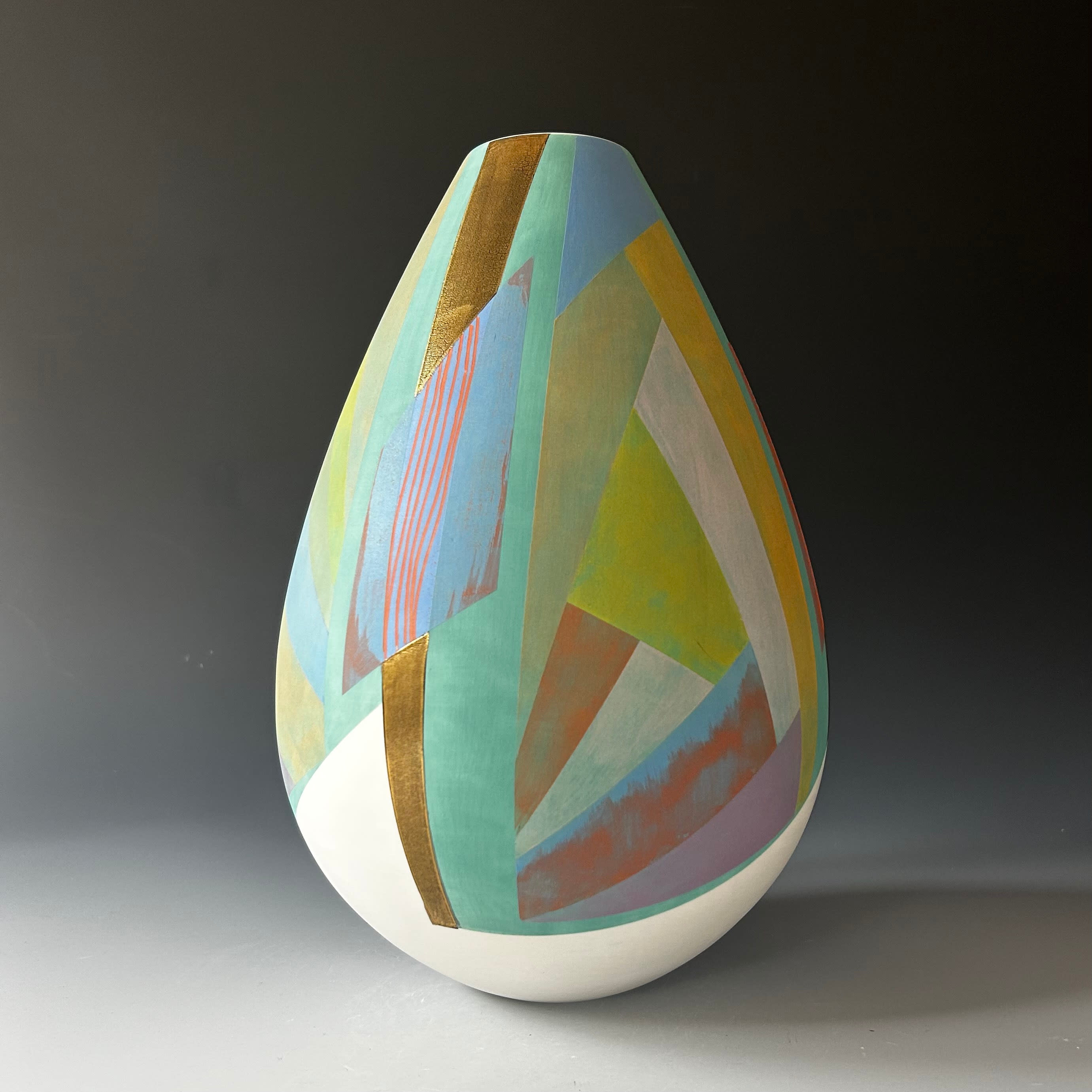 Large White Narrow Neck Pot with Turquoise, Orange and Gold