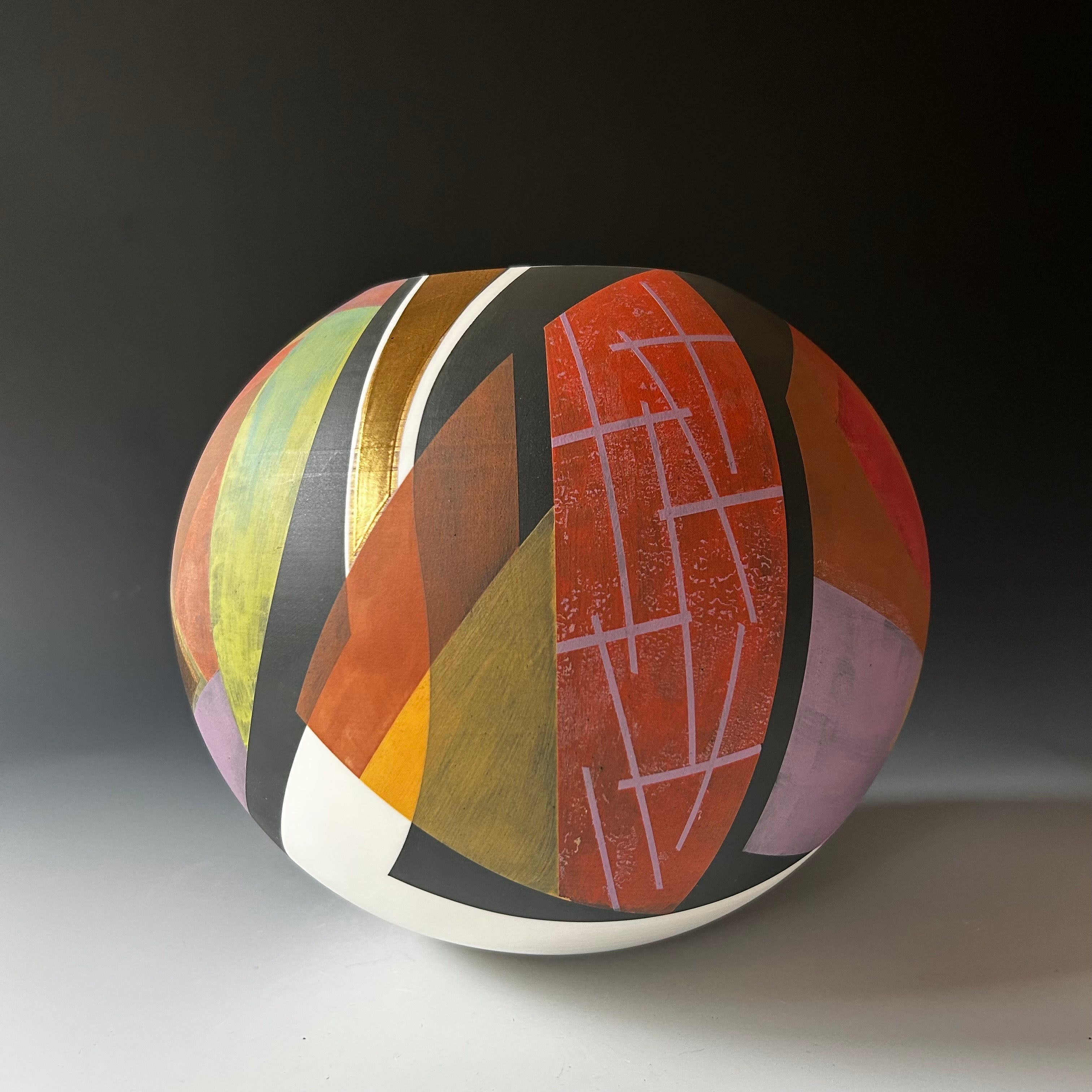 Large White Pot with Black, Orange, Blue and Gold