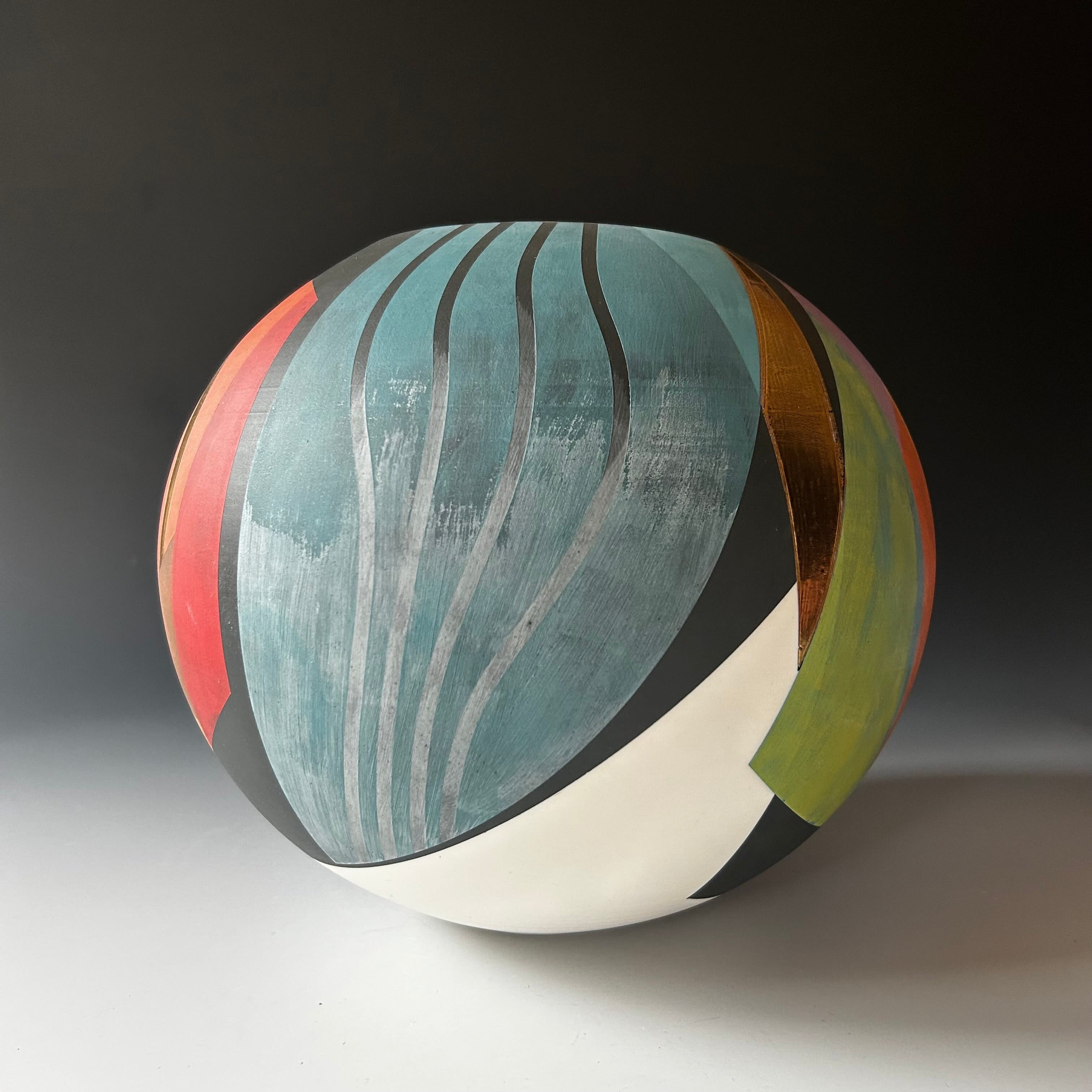 Large White Pot with Black, Orange, Blue and Gold